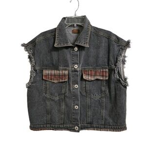 Pol Distressed Oversized Denim Vest Women's S/M Gray Frayed Plaid‎ Flap Pockets